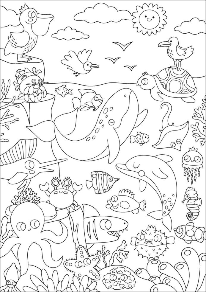 black and white under the sea landscape illustration with rock slope. Ocean life line scene with animals, dolphin, whale, seagull, pelican. Vertical water nature background or coloring page vector