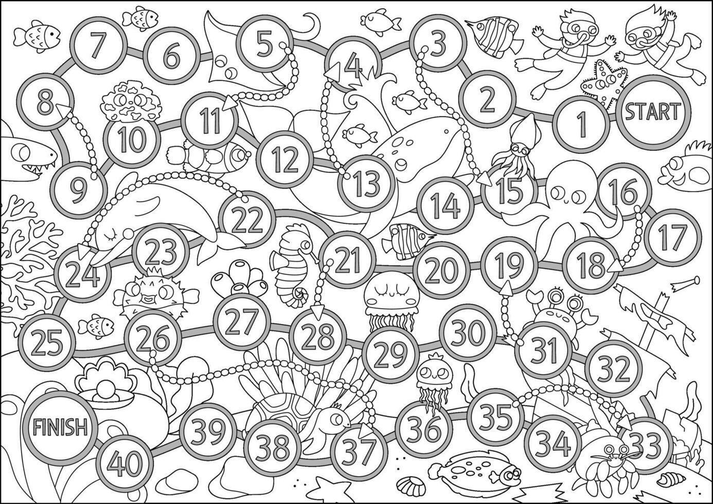 Under the sea black and white dice board game for kids with cute animals. Ocean line boardgame with fish, wrecked ship. Water adventures printable activity, coloring page. Help divers get to pearl vector