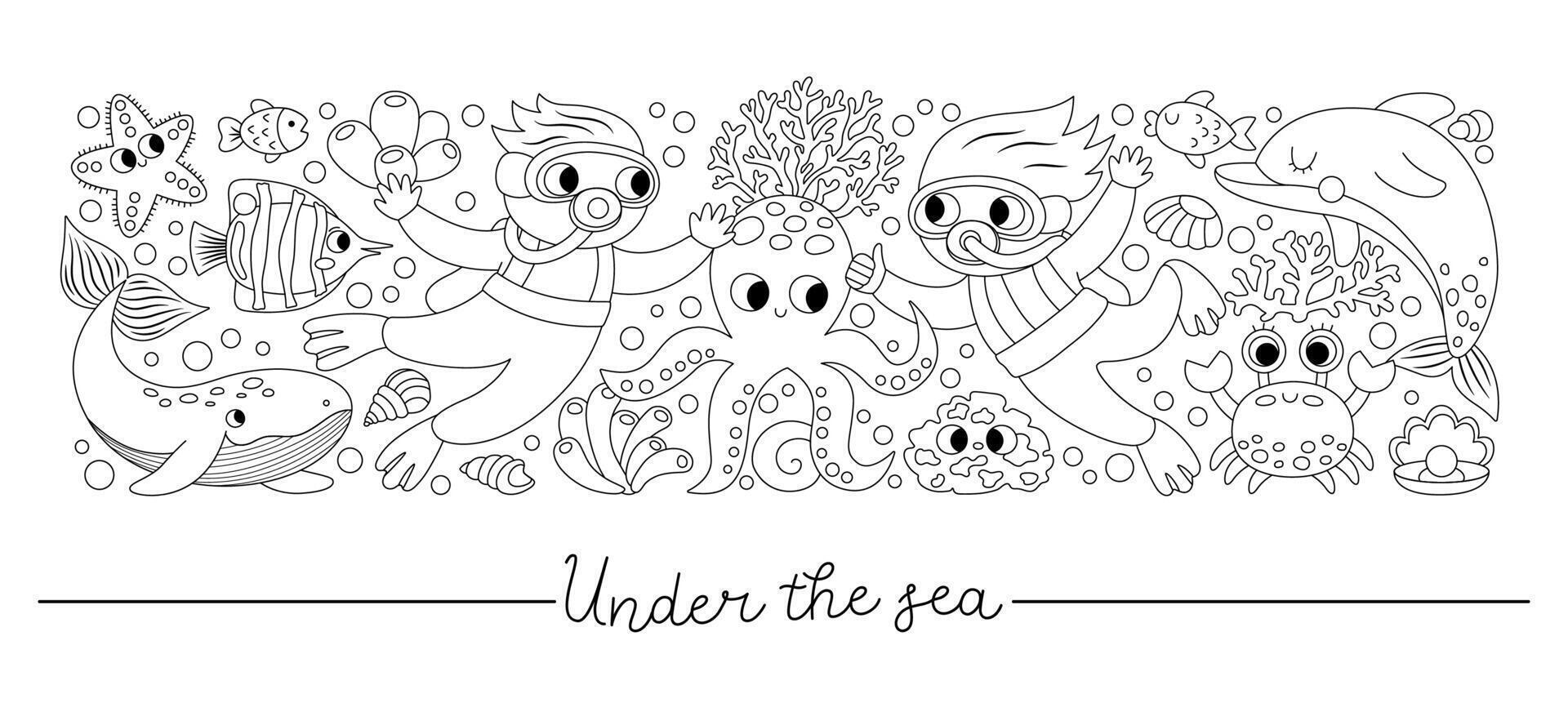 black and white horizontal under the sea border set with fish, divers. Line ocean card template design or coloring page. Cute water animals border with dolphin, whale, octopus, star, crab vector