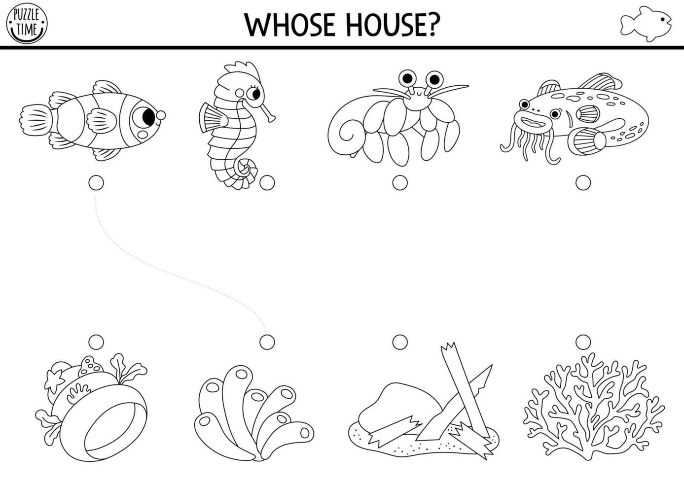Under the sea black and white matching activity with cute fish and houses. Water line puzzle with clownfish, seahorse, catfish. Match objects game. Printable worksheet. Ocean coloring page vector
