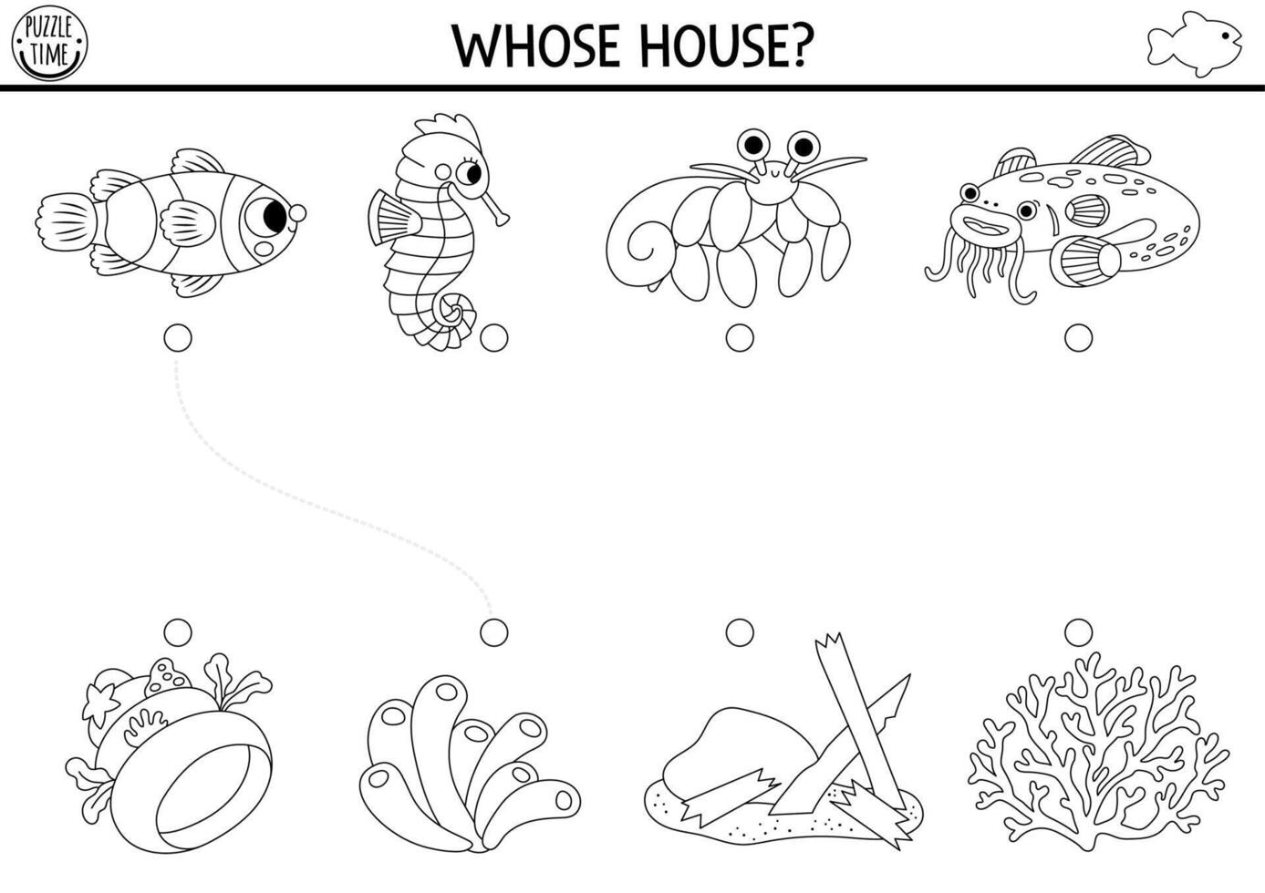 Under the sea black and white matching activity with cute fish and houses. Water line puzzle with clownfish, seahorse, catfish. Match objects game. Printable worksheet. Ocean coloring page vector