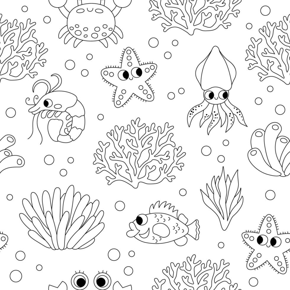 black and white under the sea seamless pattern. Repeat line background with crab, starfish, squid, corals. Ocean life digital paper. Water animals illustration or coloring page with cute fish vector