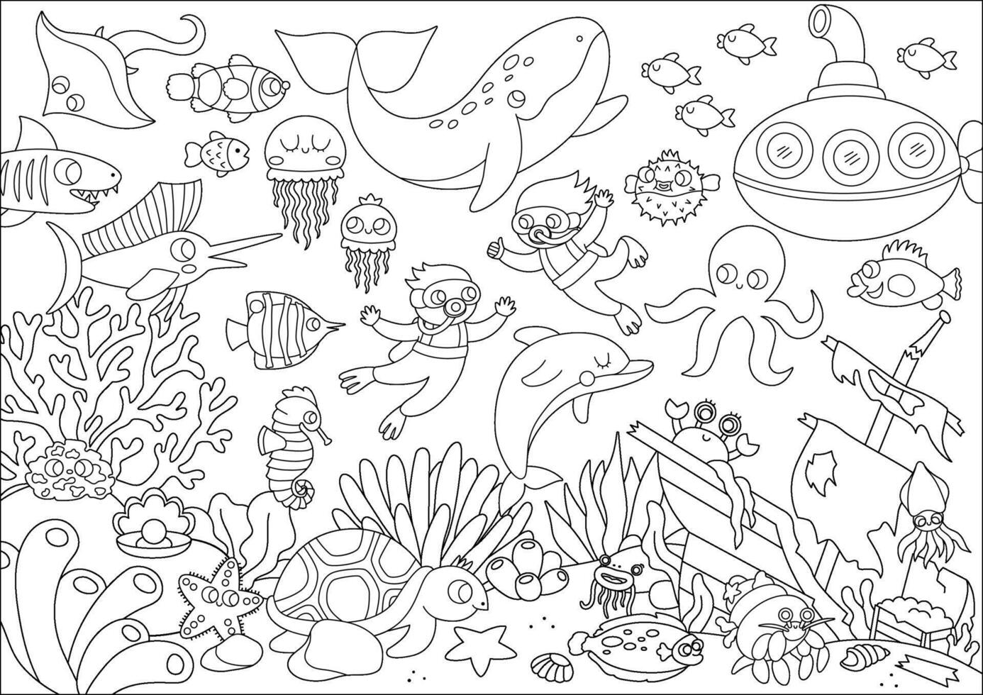 negro y blanco debajo el mar paisaje ilustración. Oceano vida línea escena con animales, delfín, ballena, submarino, diversos, destrozado barco. horizontal agua naturaleza fondo, colorante página vector