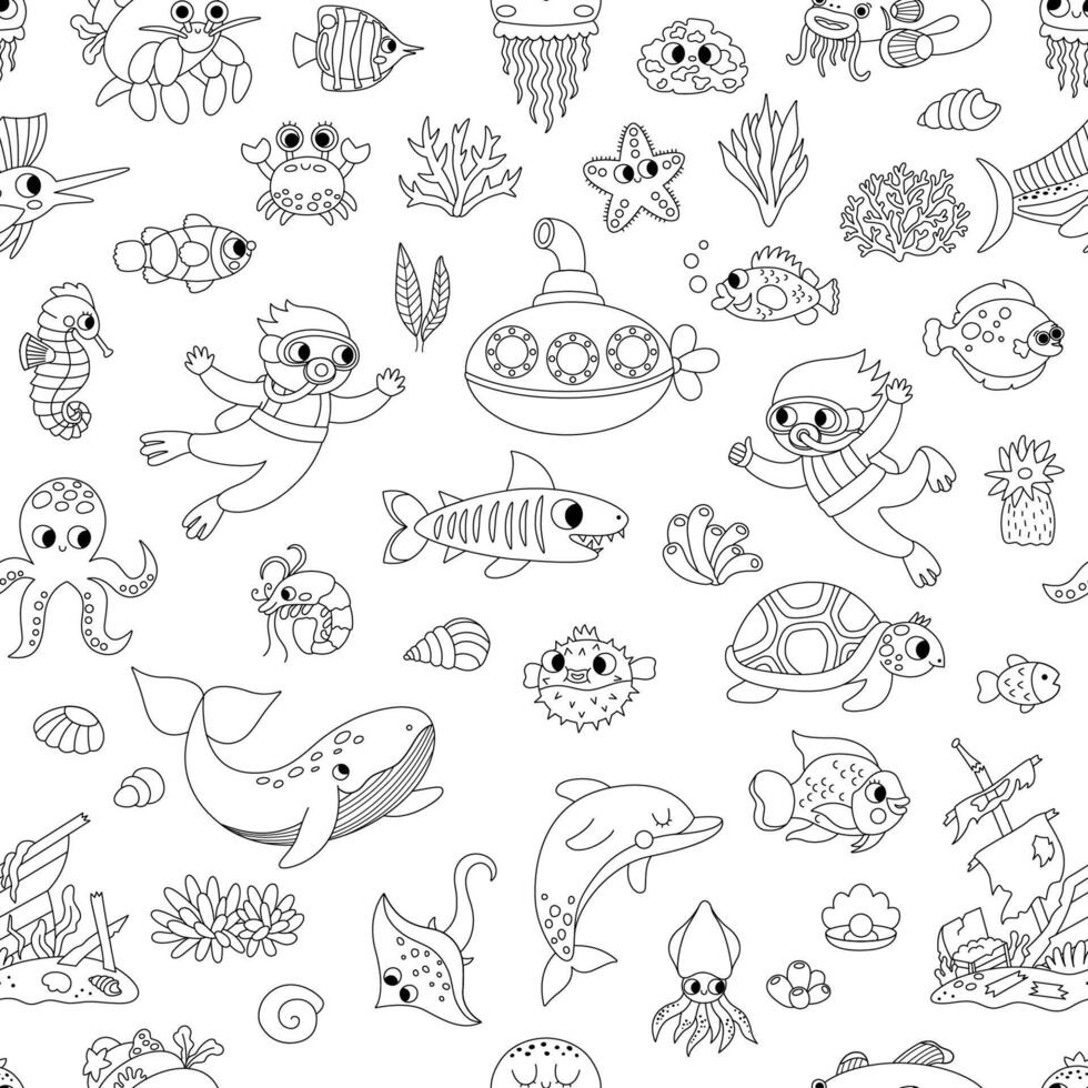 black and white under the sea seamless pattern. Repeat background with cute fish, seaweeds, divers, submarine. Ocean life line digital paper. Water animals and weeds coloring page vector