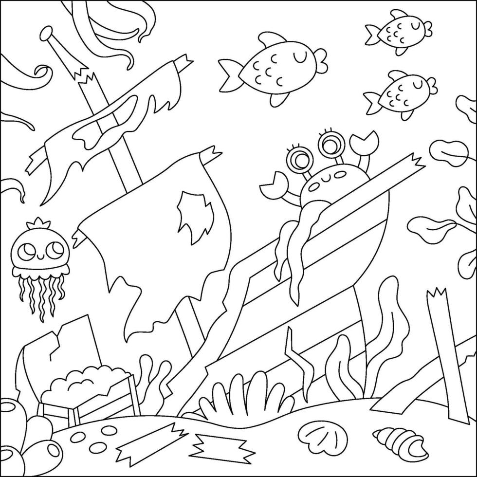 negro y blanco debajo el mar paisaje ilustración con destrozado barco, tesoro pecho. Oceano vida línea escena con algas, corales, arrecifes linda cuadrado agua fondo, colorante página vector