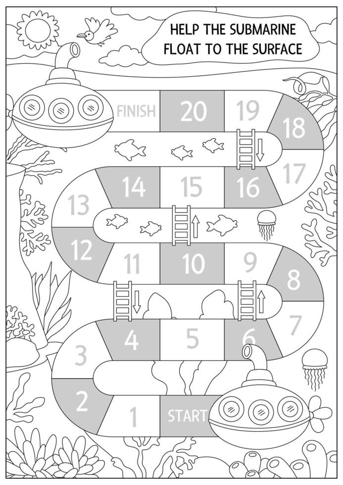 Under the sea black and white dice board game for kids with submarine. Ocean line boardgame with reef, seaweeds. Water adventures printable activity, coloring page. Help boat float to surface vector