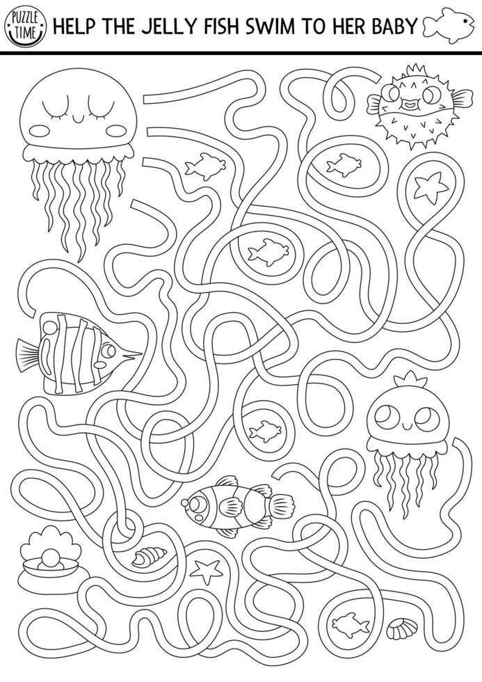 Under the sea black and white maze for kids with marine landscape, jelly fish, clownfish. Ocean line preschool printable activity. Water labyrinth game, coloring page. Help jellyfish swim to baby vector
