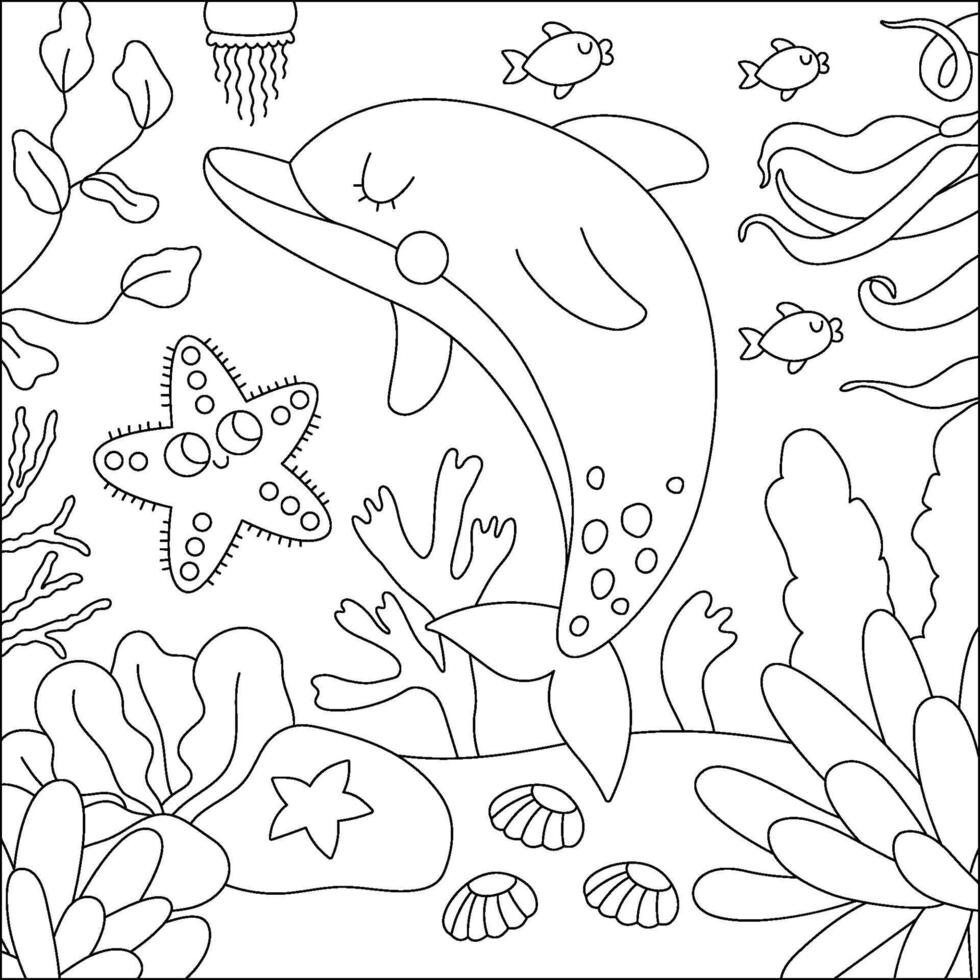 black and white under the sea landscape illustration with dolphin and starfish. Ocean life line scene with sand, seaweeds, corals, reefs. Cute square water nature background, coloring page vector