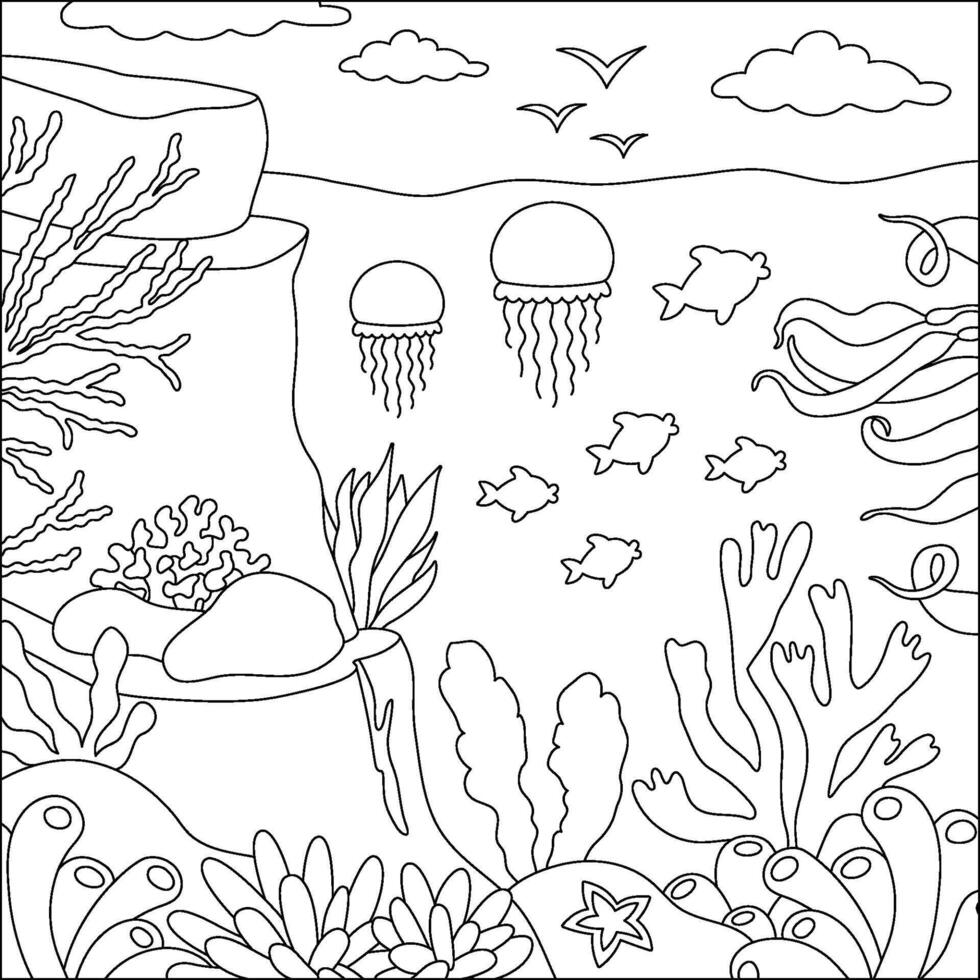 negro y blanco debajo el mar paisaje ilustración. Oceano vida línea escena con arrecife, algas, piedras, corales, pez, rocas linda cuadrado agua naturaleza fondo, colorante página con cielo y Dom vector