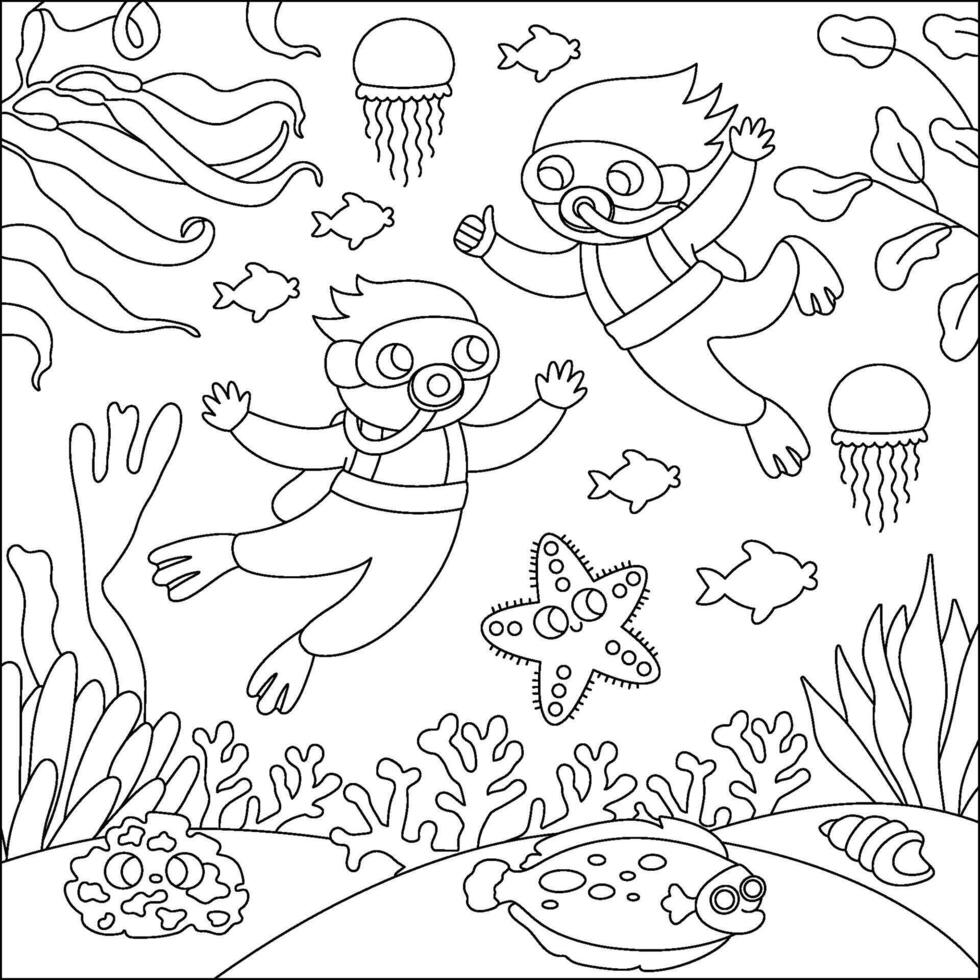 black and white under the sea landscape illustration with kid divers. Ocean life line scene with sand, seaweeds, corals, reefs. Cute square water nature background, coloring page vector