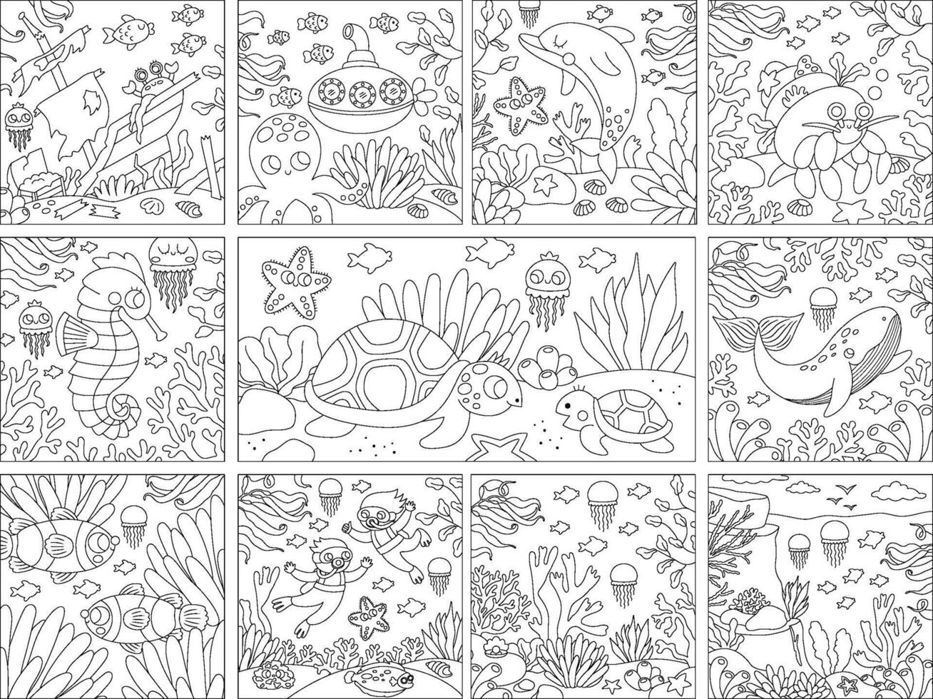 black and white under the sea square landscapes set. Ocean life line scenes collection with seaweeds, corals. Cute water nature backgrounds or coloring page with shipwreck, divers vector