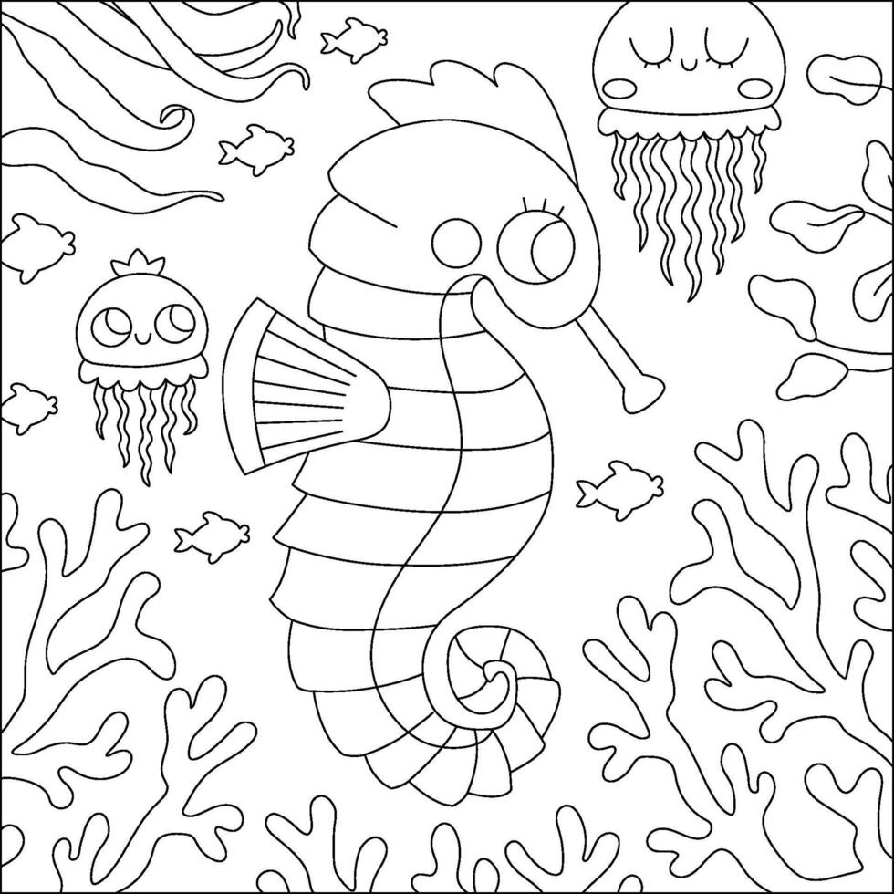 black and white under the sea landscape illustration with seahorse and corals. Ocean life line scene with sand, seaweeds, reefs. Cute square water nature background, coloring page vector