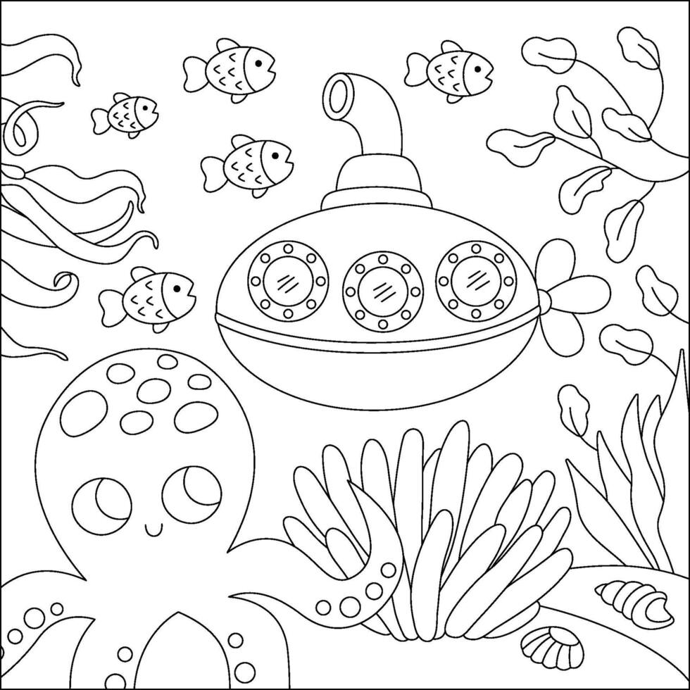 black and white under the sea landscape illustration with octopus and submarine. Ocean life line scene with sand, seaweeds, corals, reefs. Cute square water nature background, coloring page vector