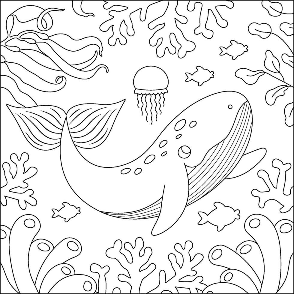 black and white under the sea landscape illustration with blue whale and corals. Ocean life line scene with sand, seaweeds, reefs. Cute square water nature background, coloring page vector