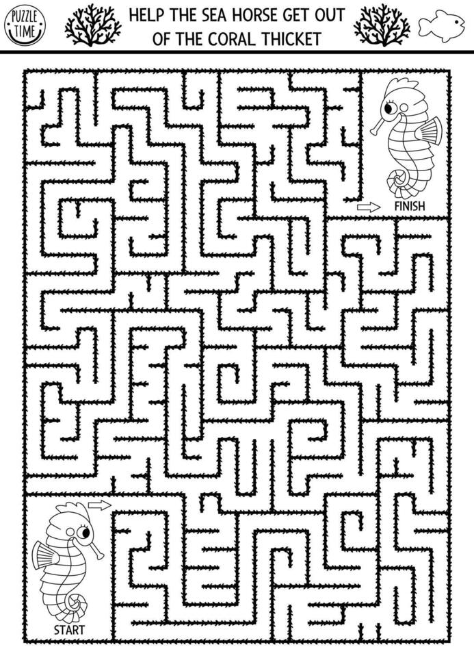 Under the sea black and white geometrical maze for kids with seahorse. Ocean line preschool printable activity. Water labyrinth coloring page. Help the sea horse get out of the coral thickest vector