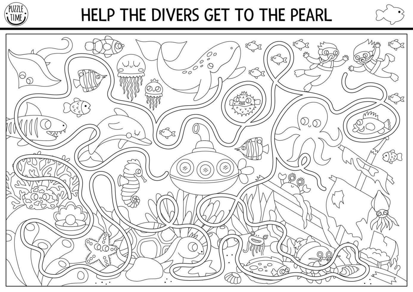 Under the sea black and white maze with marine landscape, wrecked ship, fish. Ocean line preschool activity with dolphin, whale. Water labyrinth game, coloring page. Help divers get to pearl vector