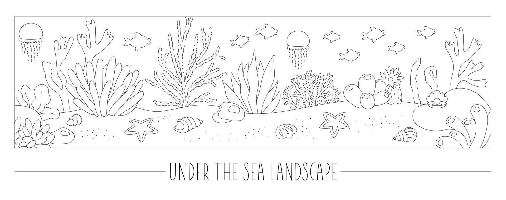 black and white under the sea landscape illustration. Ocean life line scene with sand, seaweeds, stones, corals, reefs. Cute horizontal border water nature background, coloring page vector