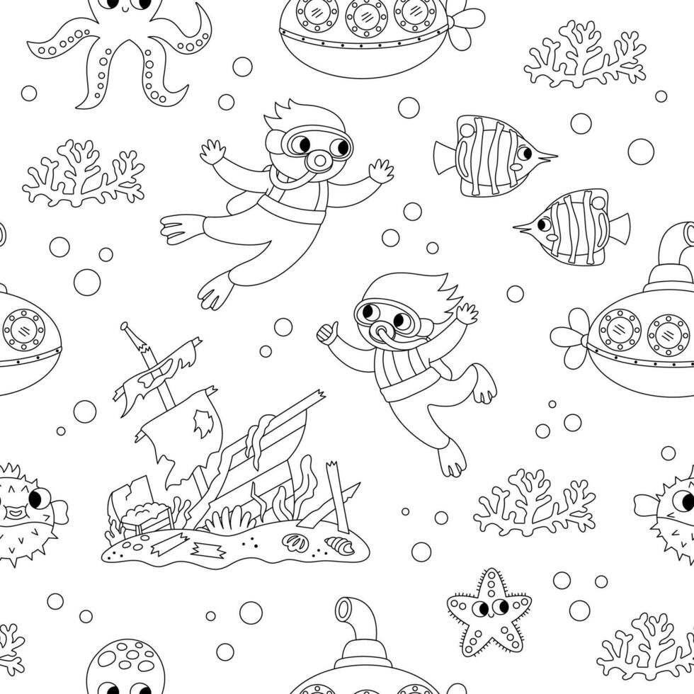 black and white under the sea seamless pattern. Repeat line background with fish, seaweeds, divers, submarine. Ocean life digital paper. Water animals coloring page with wracked ship vector