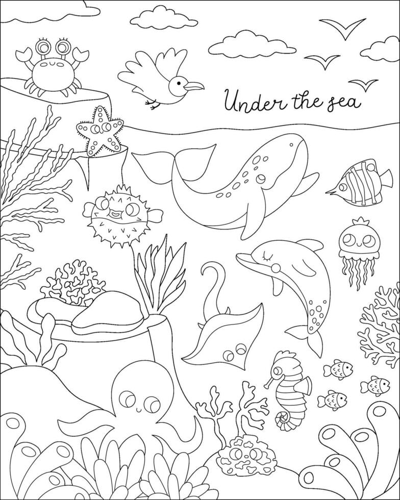 black and white under the sea landscape illustration with rock slope. Ocean life line scene with animals, dolphin, whale, shark, seagull, sun. Cute vertical water nature coloring page, background vector