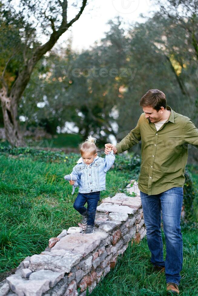 Dad leads a little girl along a stone fence in the park photo