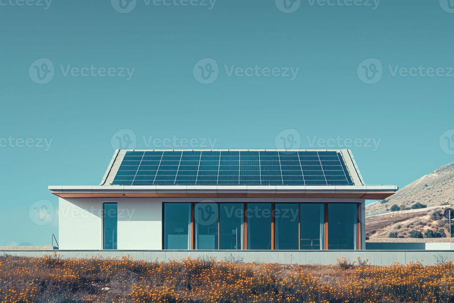 A house with solar panels on the roof and a large window photo