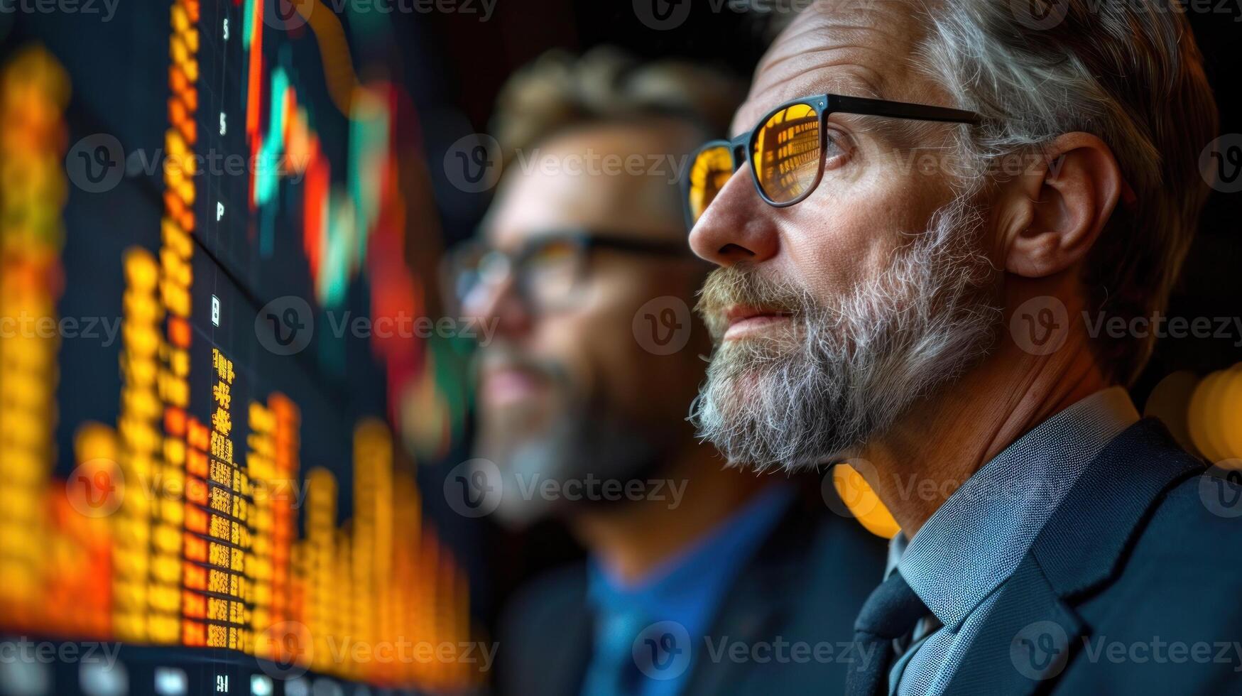 Two men in suits are looking at a screen with graphs on it photo