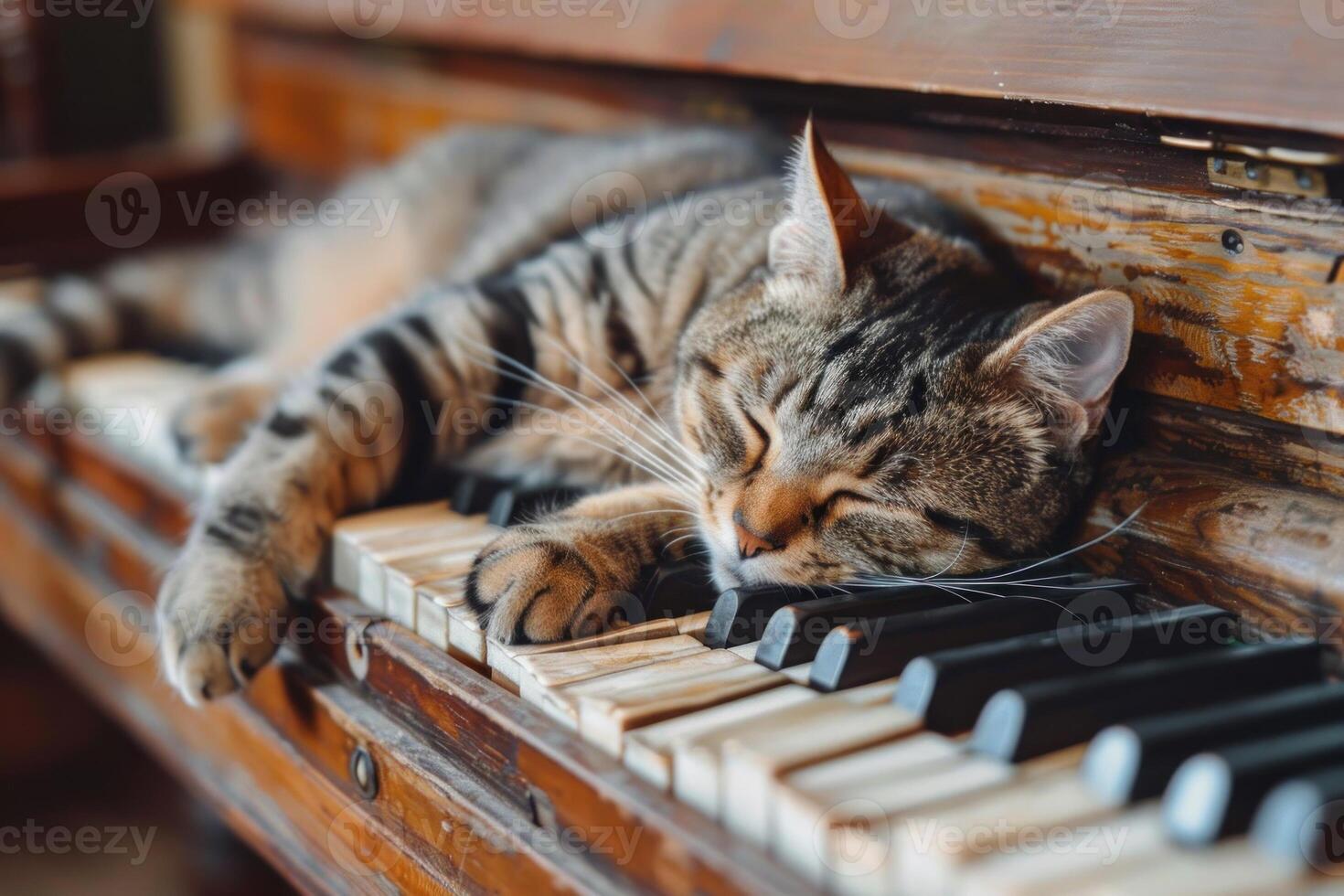 A cat is sleeping on a piano photo