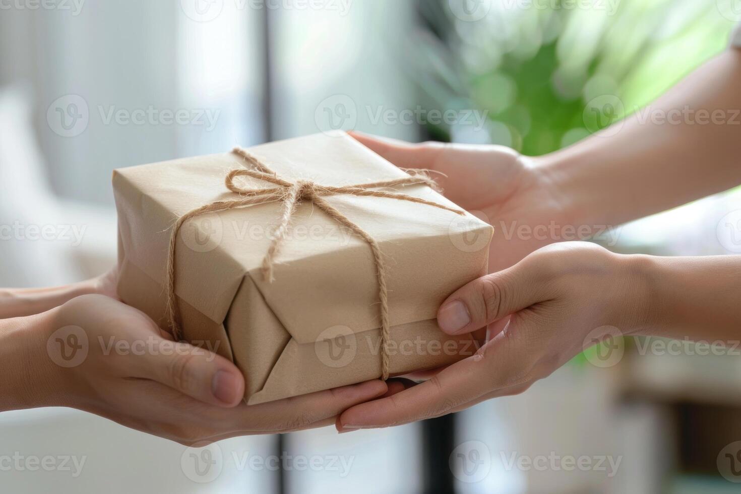 A person is holding a brown box with a string tied around it photo