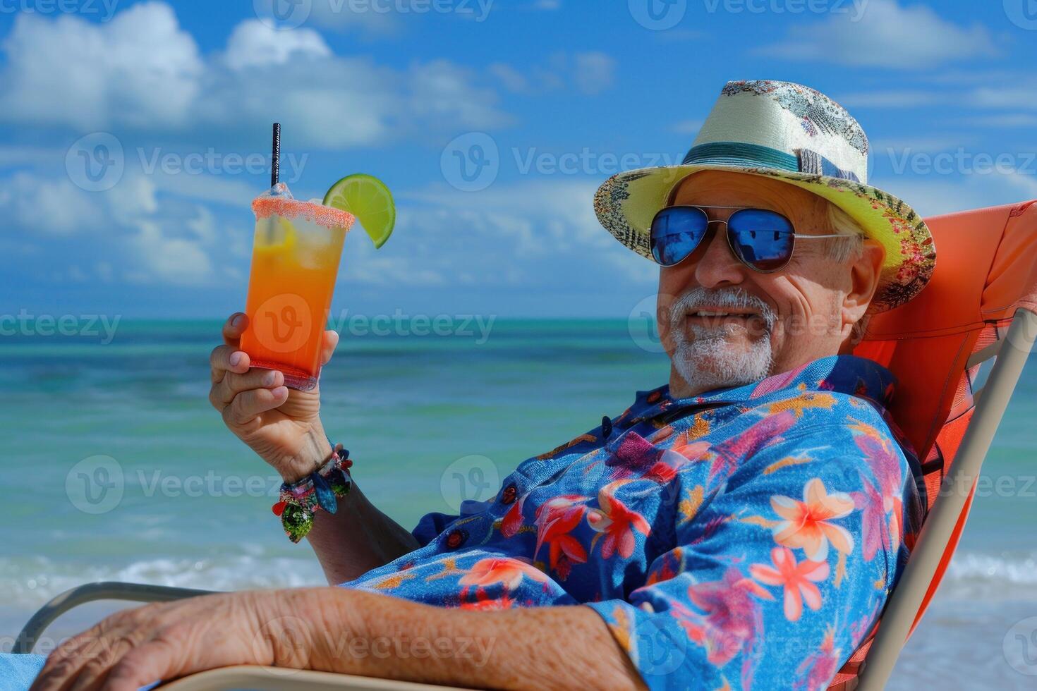A man is sitting on a beach chair with a drink in his hand photo