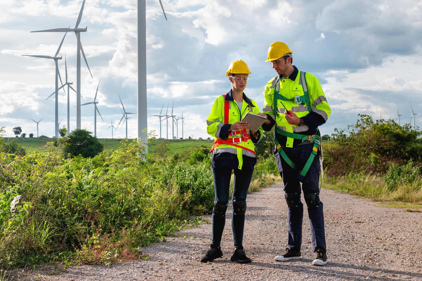 Two men in safety gear are standing on a road near a field of wind turbines photo