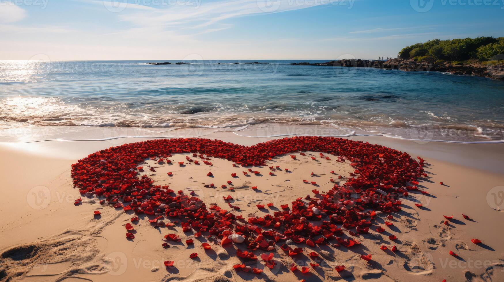 Heart shape made of red rose petals on a sandy beach by the ocean, creating a romantic and serene scene with waves gently crashing on the shore under a sunny blue sky. Ideal for love and wedding theme photo