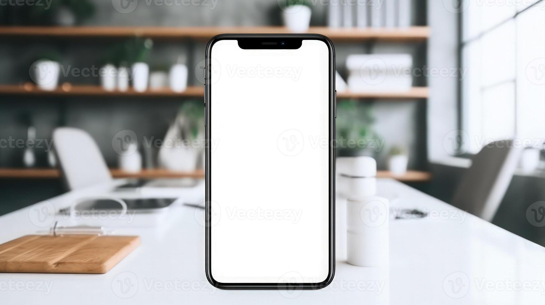 Modern smartphone with a blank screen standing on a white table in a blurred kitchen interior, ideal for app display or digital technology concepts. photo