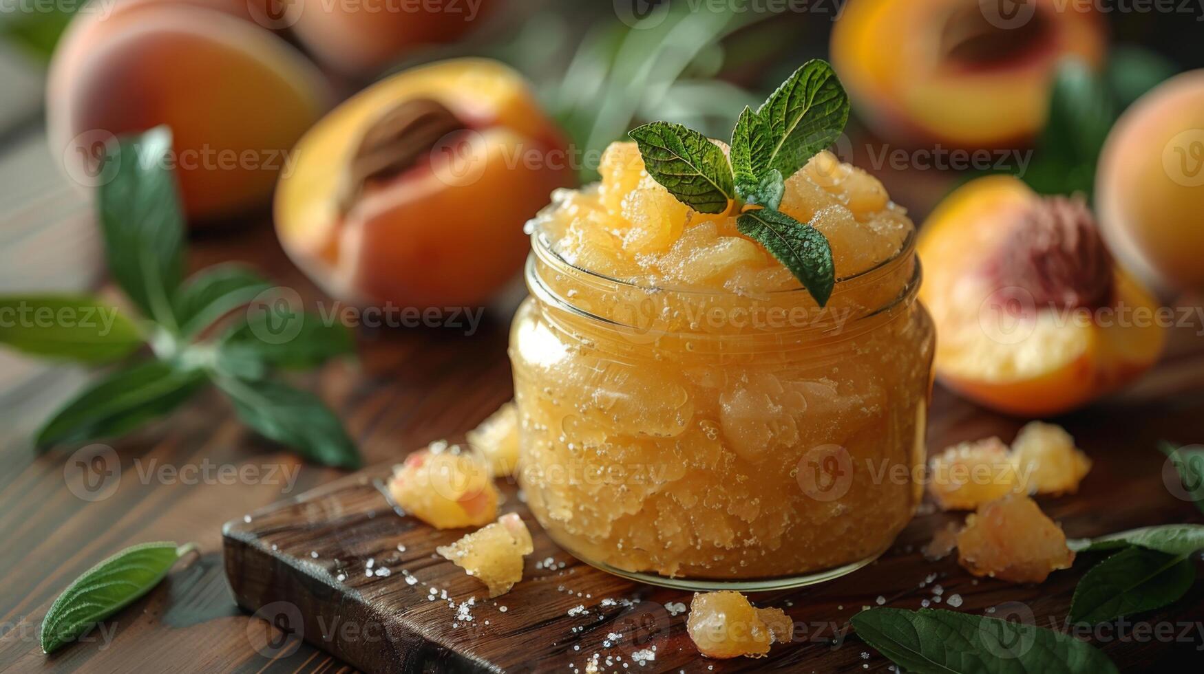 Jar of natural peach body scrub on a wooden surface, accompanied by fresh mint and succulent peach halves, evoking a luxurious spa atmosphere. photo