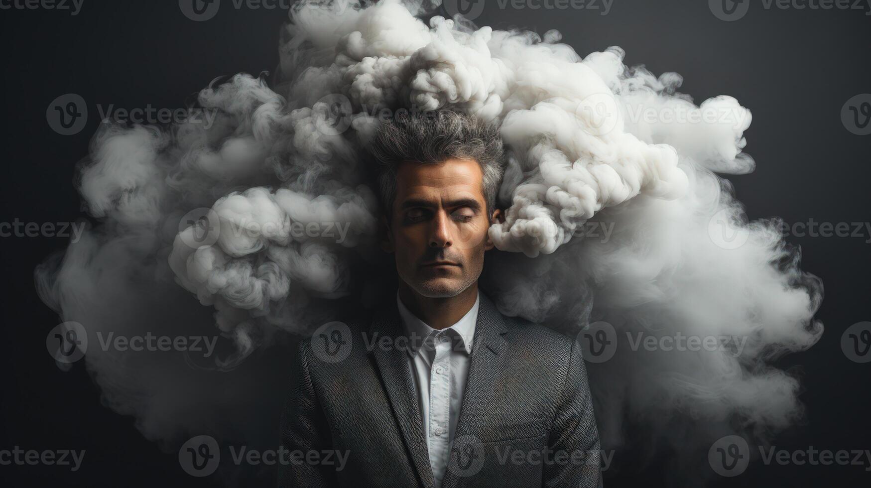 Man in suit with eyes closed, enveloped by swirling clouds of smoke, symbolizing deep thought or mental strain. photo