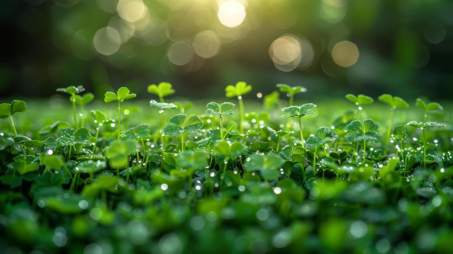 Lush green clover field with sparkling dewdrops, bathed in soft morning sunlight. Ideal background for spring and St. Patrick's Day themes. photo