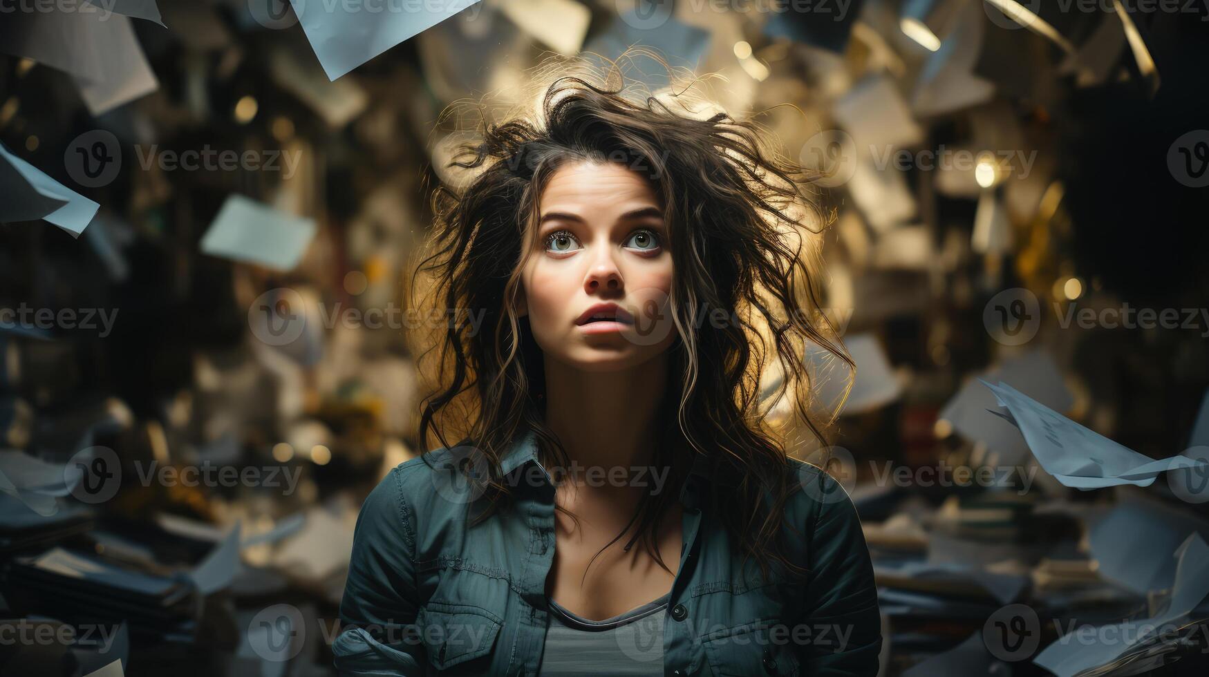 Young woman with messy hair and wide eyes, surrounded by flying papers and clutter in a chaotic office, expressing overwhelming stress and anxiety. Perfect for themes of workplace pressure photo