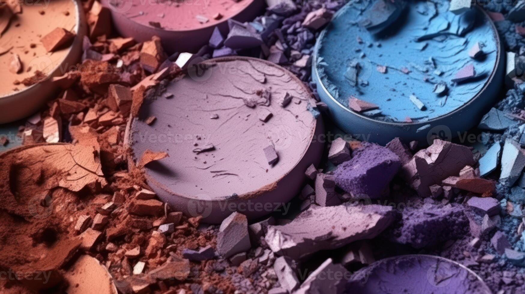Assorted crushed eyeshadows in earthy and cool tones, with textures ranging from powdery to chunky, perfect for creative beauty concepts. photo