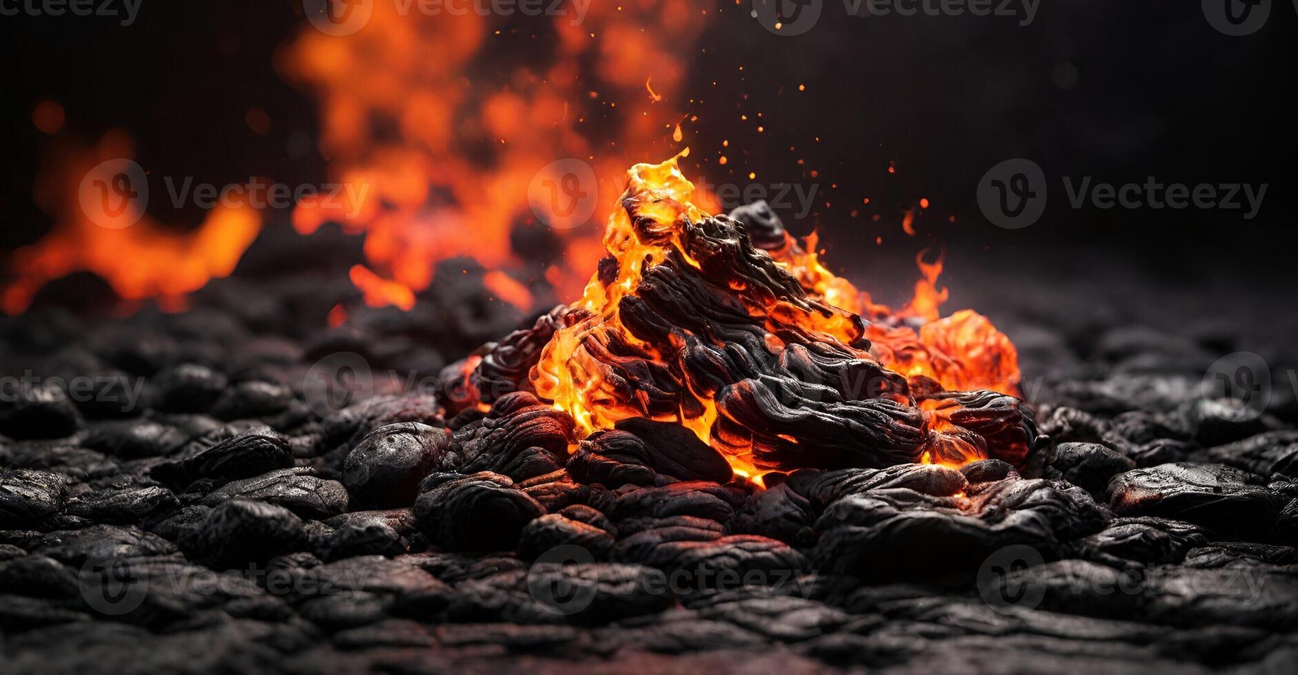 a lava rock is burning on a black background photo