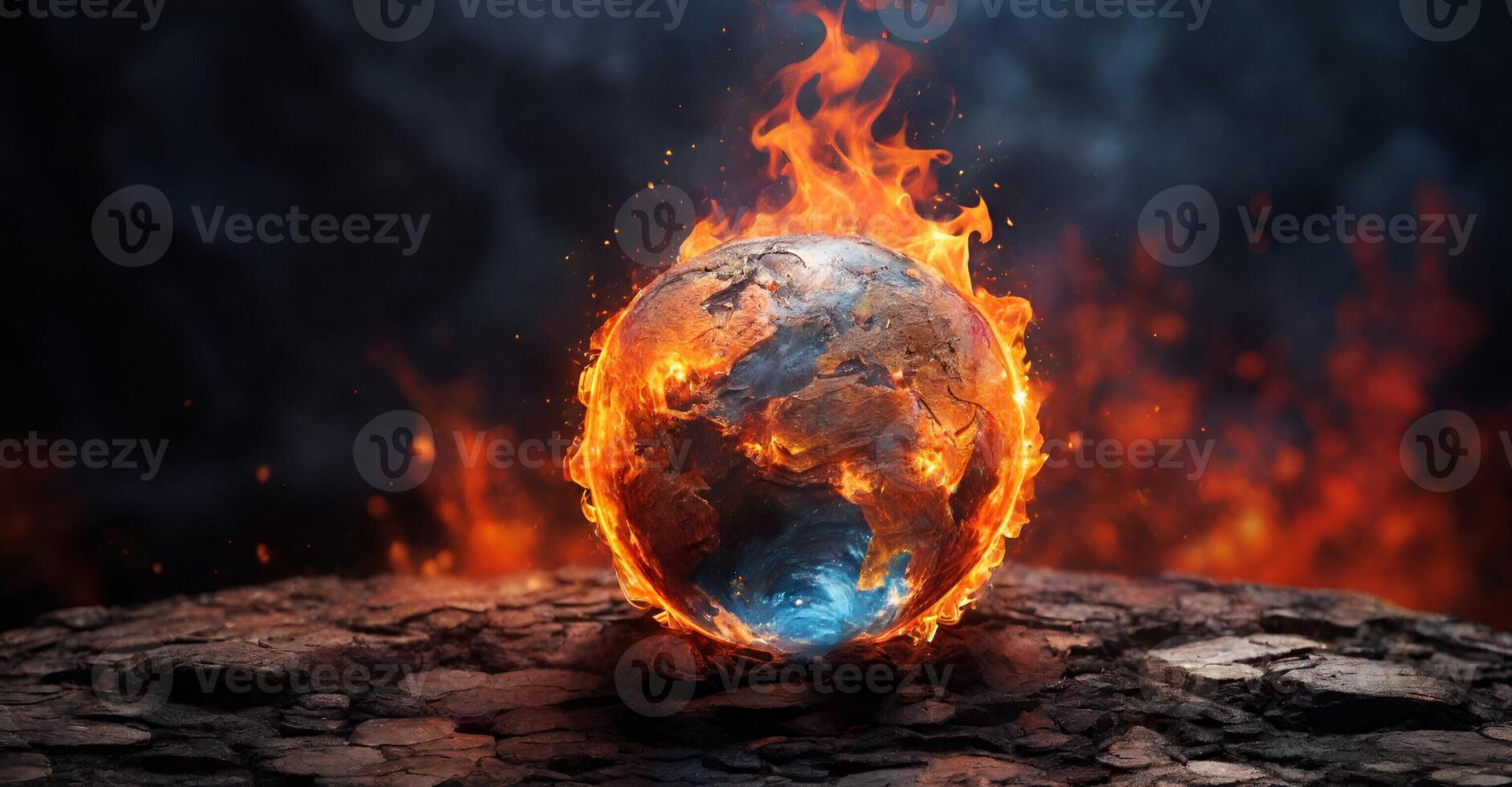 the earth is on fire in the middle of a dark background photo