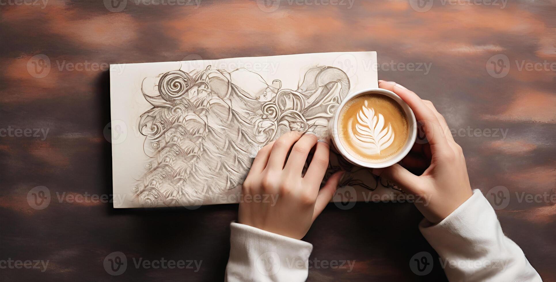 top view of hands holding a cup of coffee on table photo