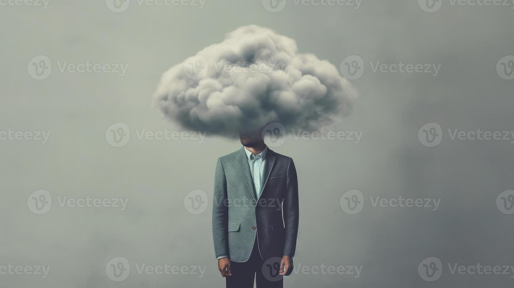 Surreal portrait of a man in a suit with a cloud for a head, depicting concepts of thought, stress, and creativity. photo