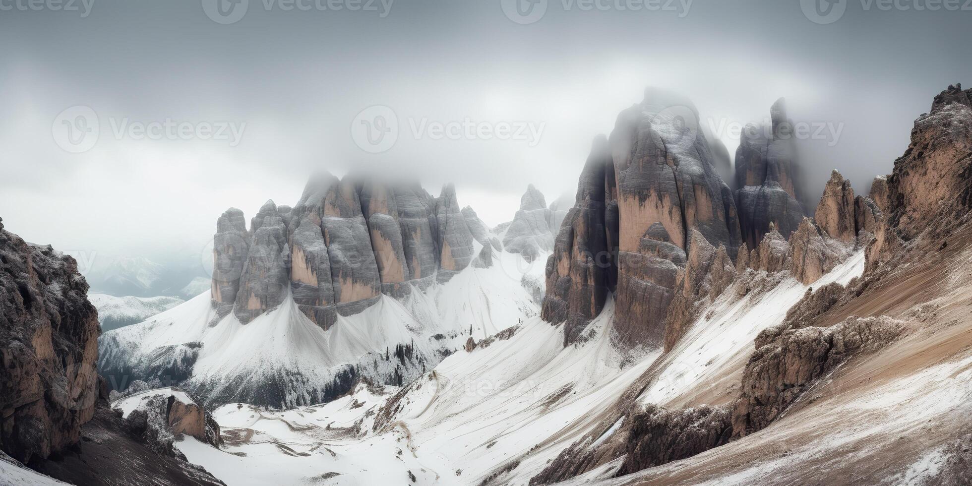 Cloud day rock hill mountain rock peak with snow at winter. Adventure expedition travel hiking scene view photo