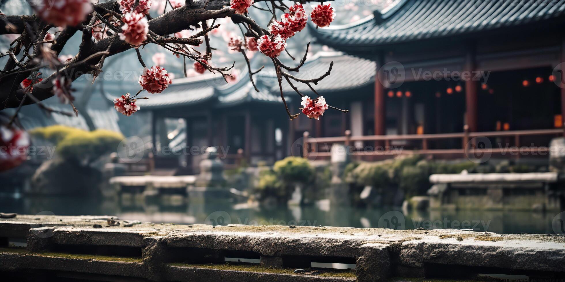 Ancient asian japanese chinese old vintage retro town city building temple with nature tree flowers photo