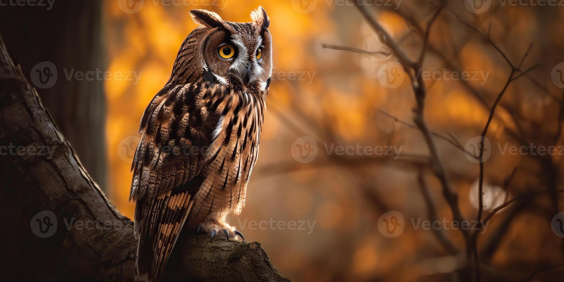 Owl bird sitting on a banch tree. Wil life nature outdoor forest background landscape scene photo