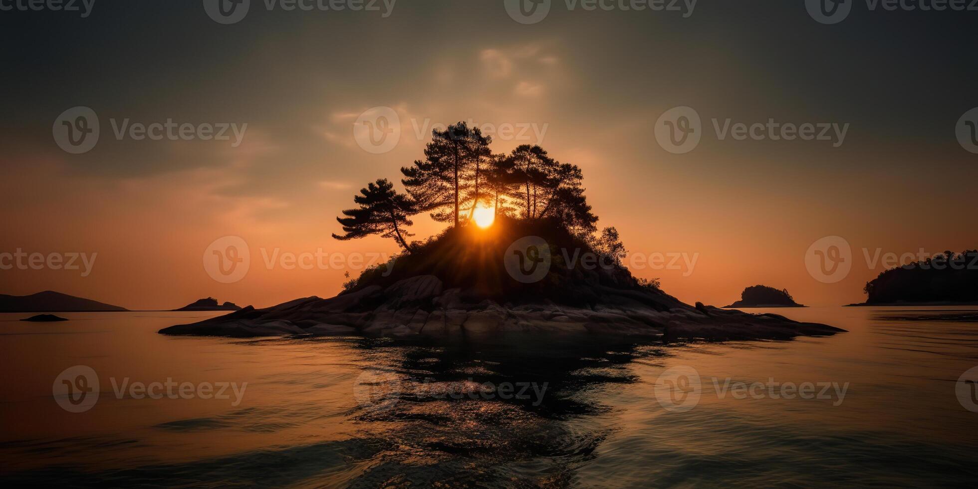 Island in the middle of the sea ocean lake with many trees. Relaxing sunset background scene view photo