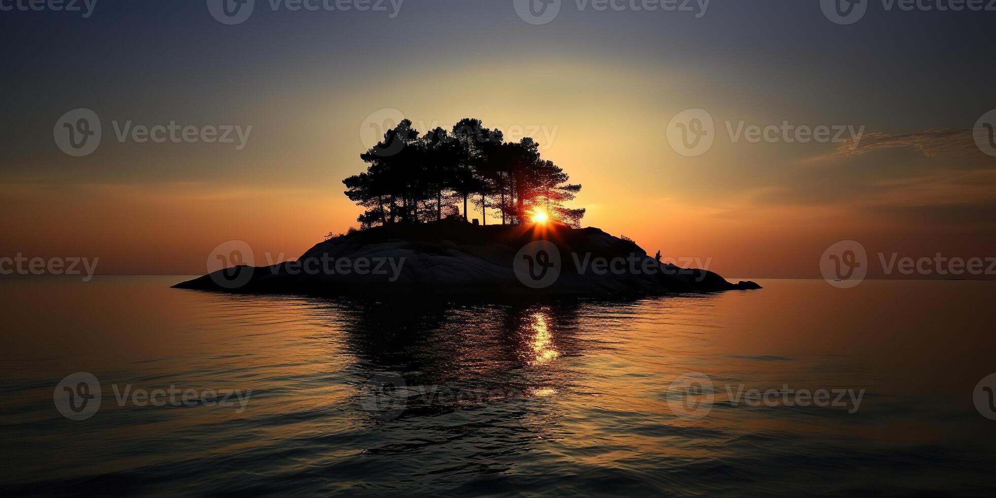 Island in the middle of the sea ocean lake with many trees. Relaxing sunset background scene view photo