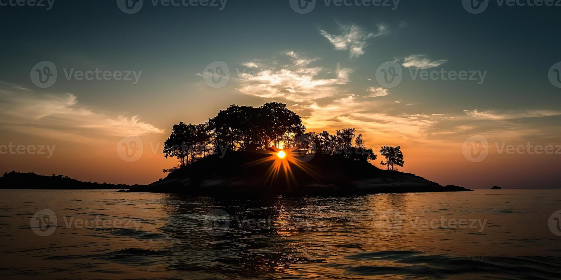 Island in the middle of the sea ocean lake with many trees. Relaxing sunset background scene view photo