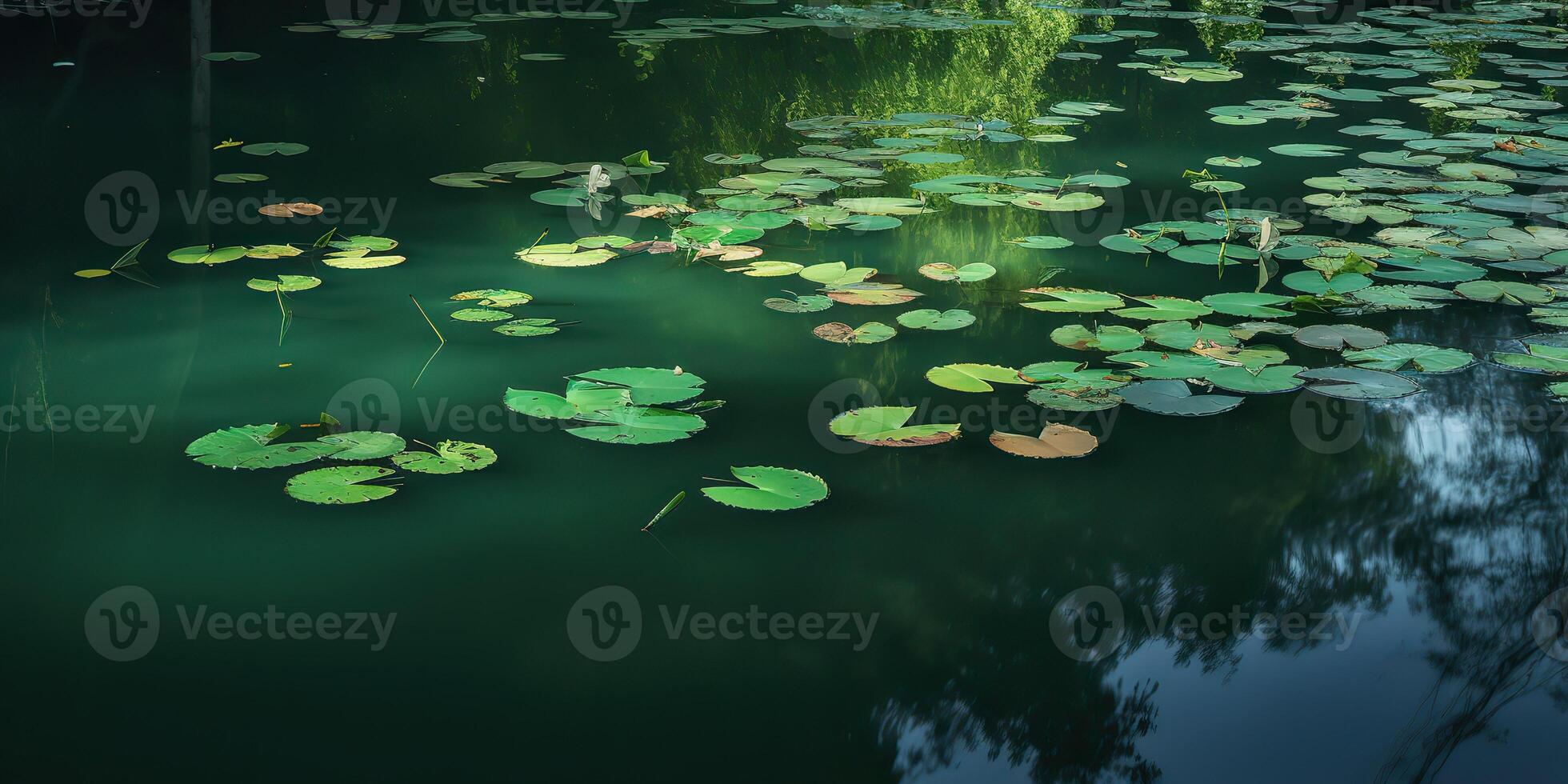 Green leaves on pond river lake landscaoe background view photo