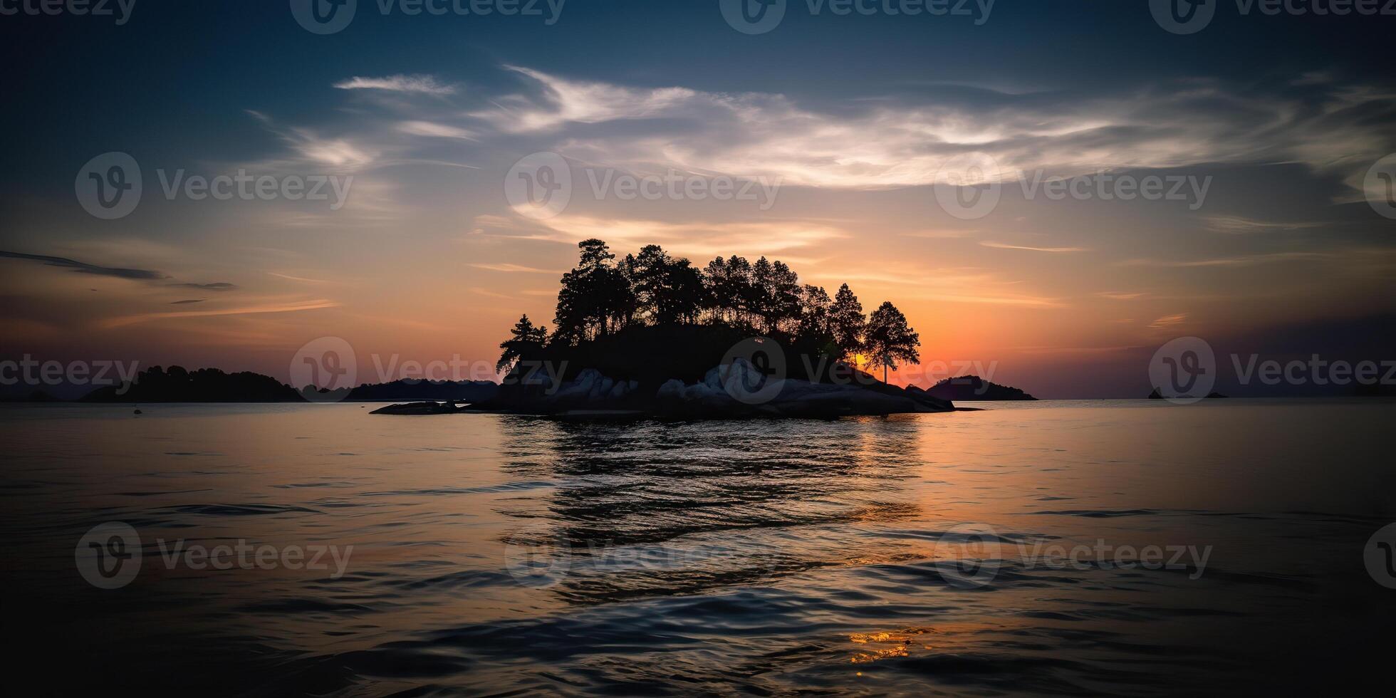 Island in the middle of the sea ocean lake with many trees. Relaxing sunset background scene view photo