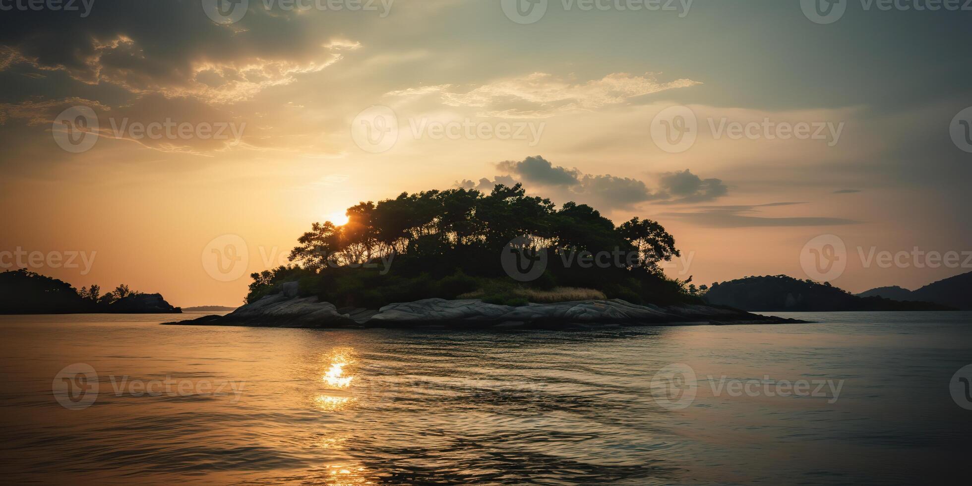 Island in the middle of the sea ocean lake with many trees. Relaxing sunset background scene view photo